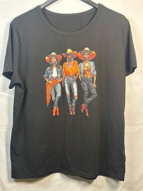 Women’s Black Cowgirls Graphic Tee with Orange Accent Design